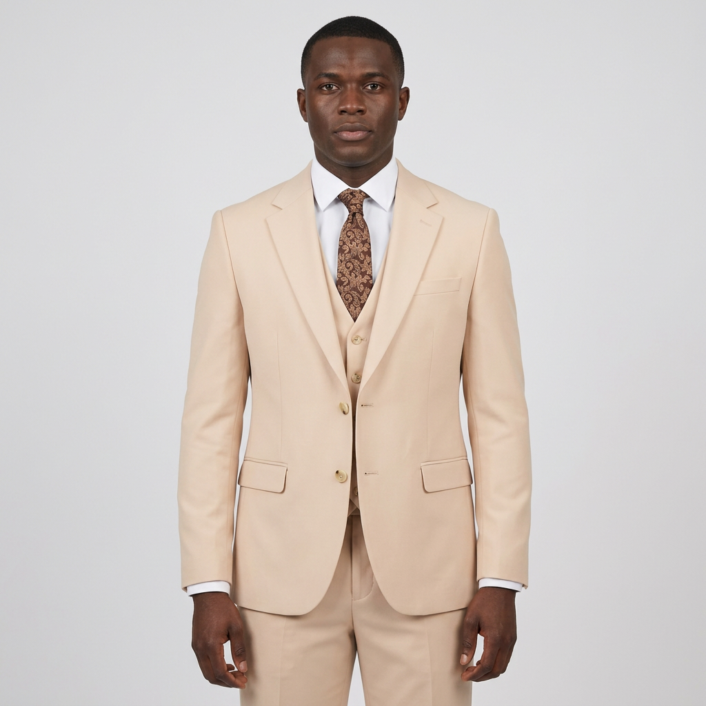 AI-generated styling preview of a Black adult model wearing a light beige suit