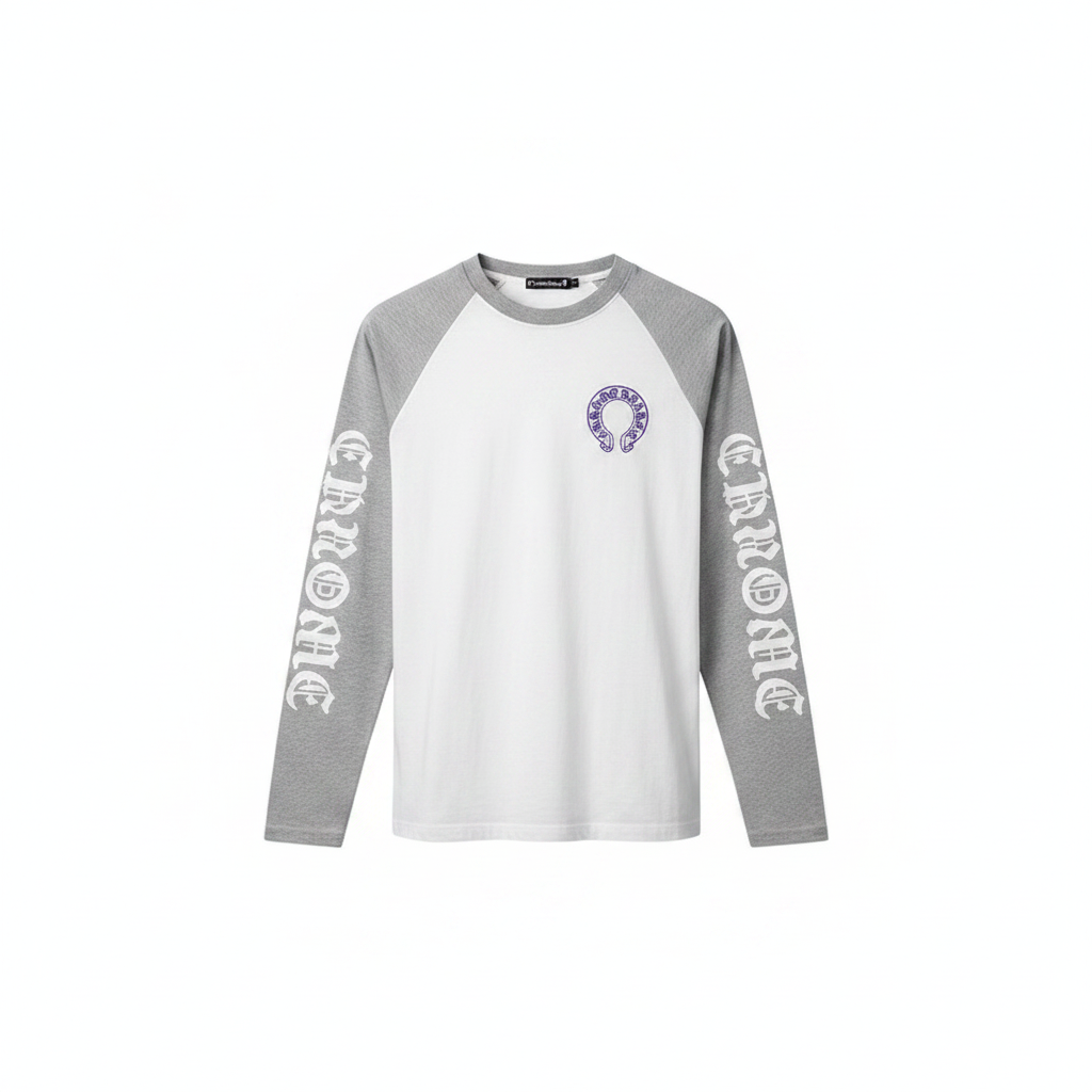 Men's white grey raglan gothic print long sleeve shirt ghost mannequin front view