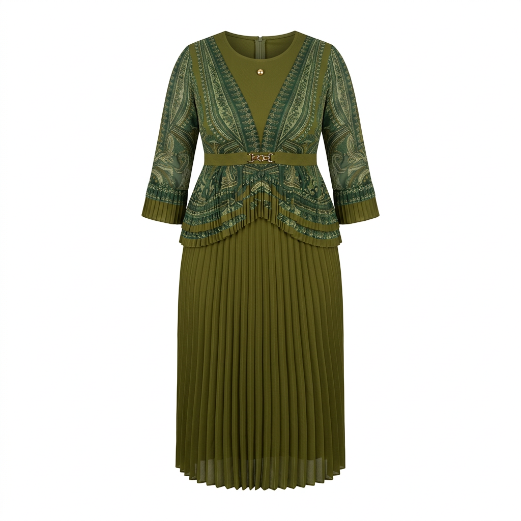 Olive patterned top and pleated maxi skirt on an invisible mannequin