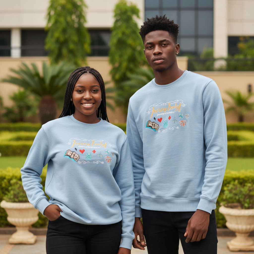Light Blue Embroidered Graphic Crew-Neck Sweatshirt – Nigerian Female and Male Models