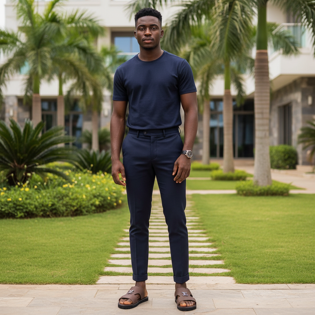 Nigerian male model wearing brown H-strap slide sandals with metal emblem in garden setting