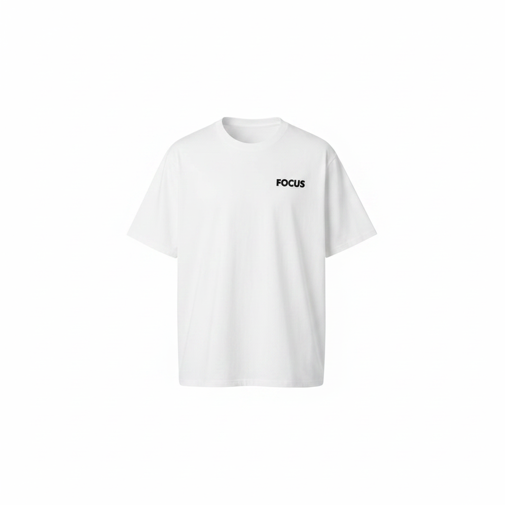 Unisex white focus minimal statement oversized tee – ghost mannequin front view