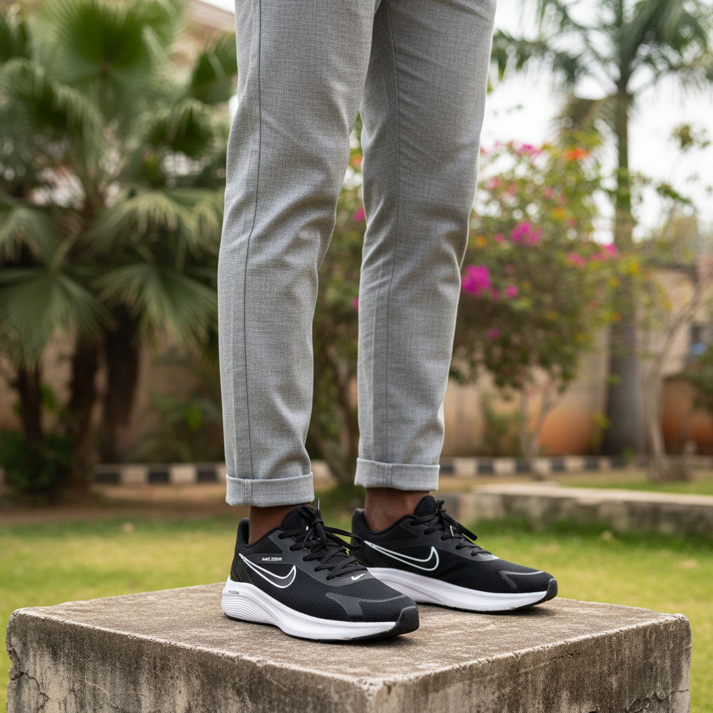 Men's black and white lace-up running sneakers worn by Nigerian male model
