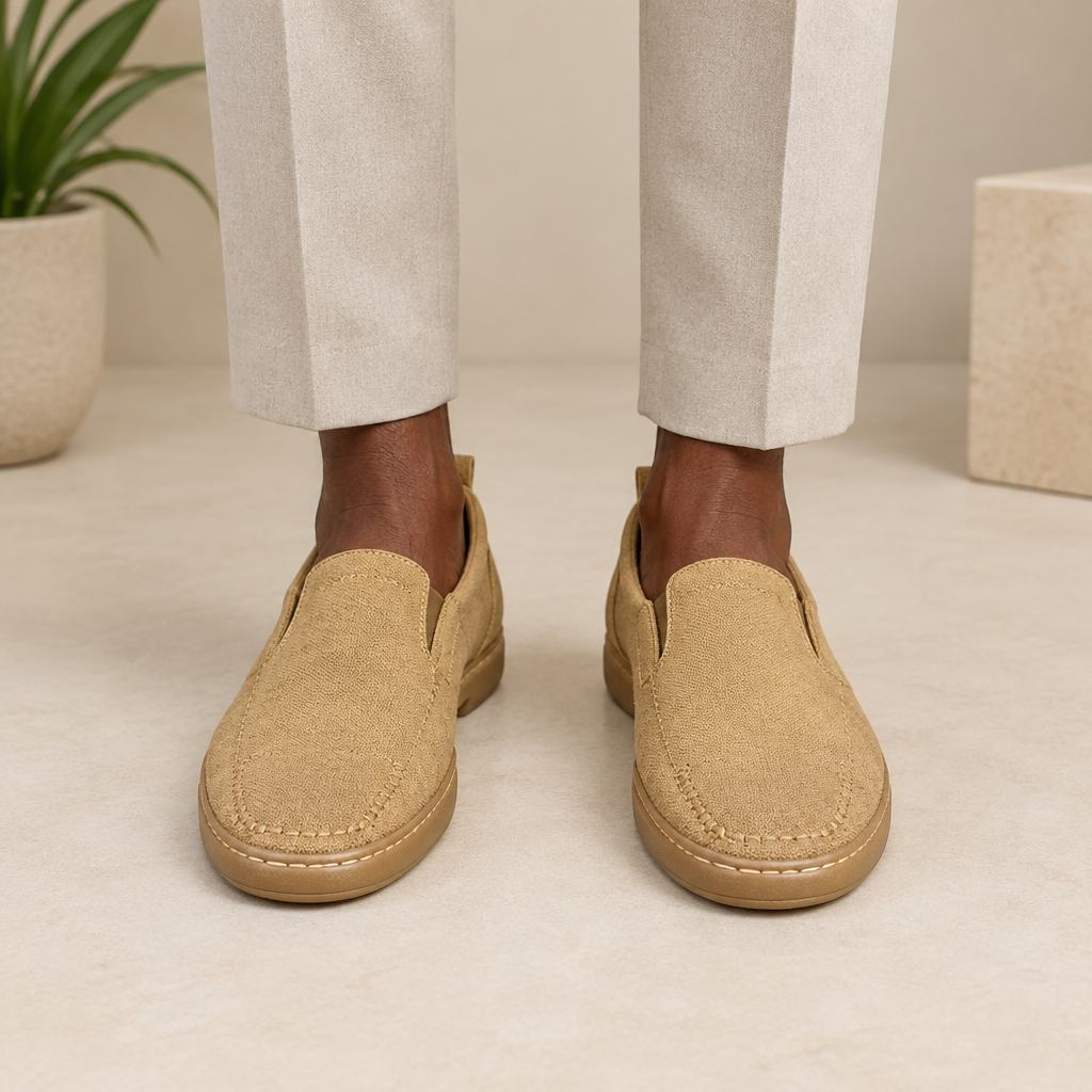 Beige textured slip-on shoes with stitched rounded toes worn on both feet