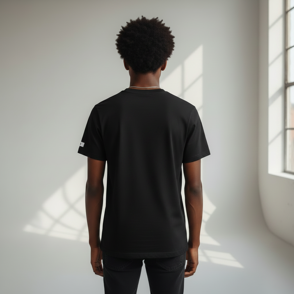 Nigerian teen model wearing black surreal graphic tee – back view