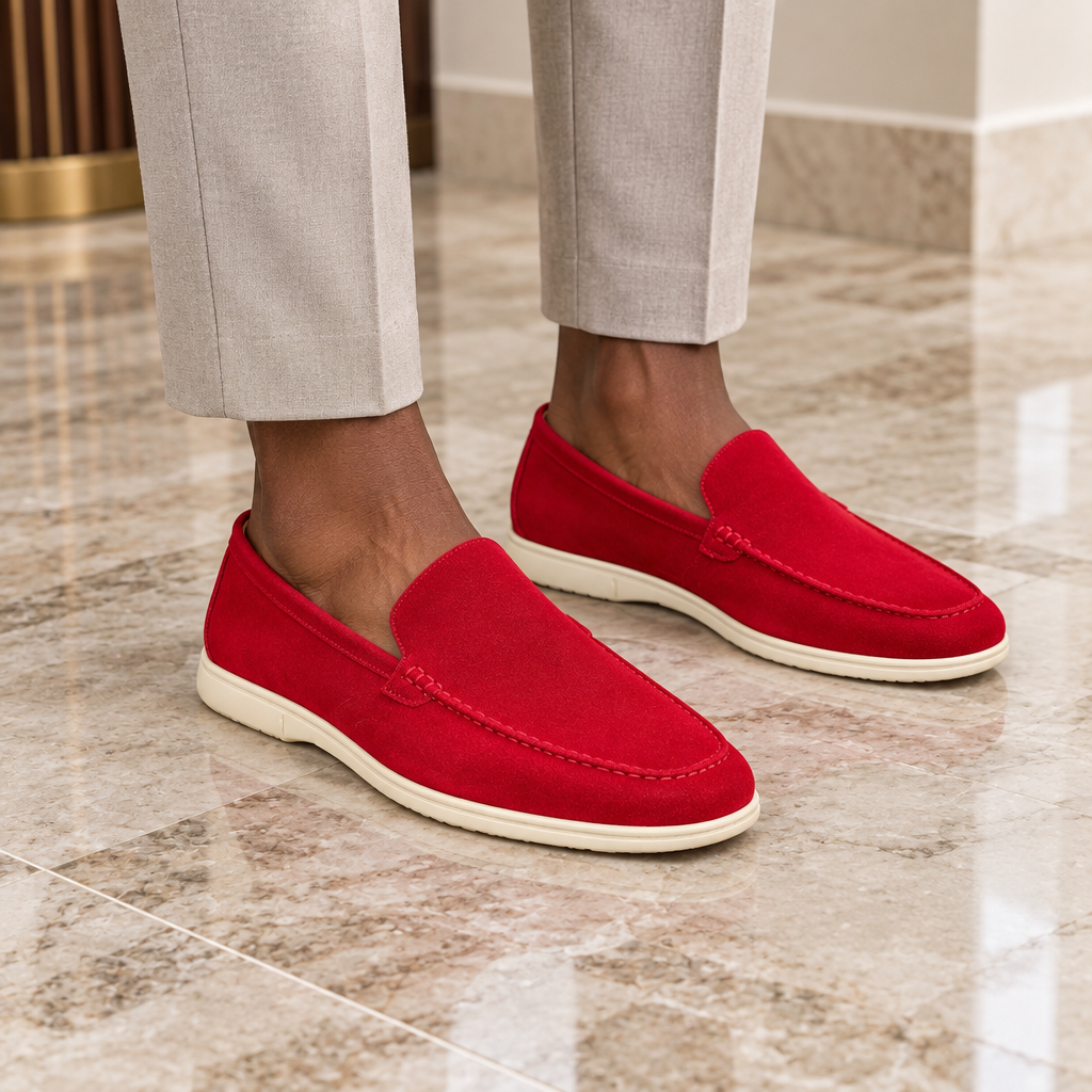 A Nigerian man wearing both red suede loafers on a marble floor
