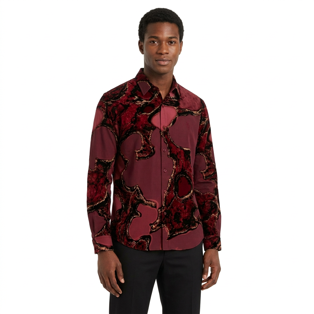 Nigerian male model wearing a burgundy marble-print shirt on pure white