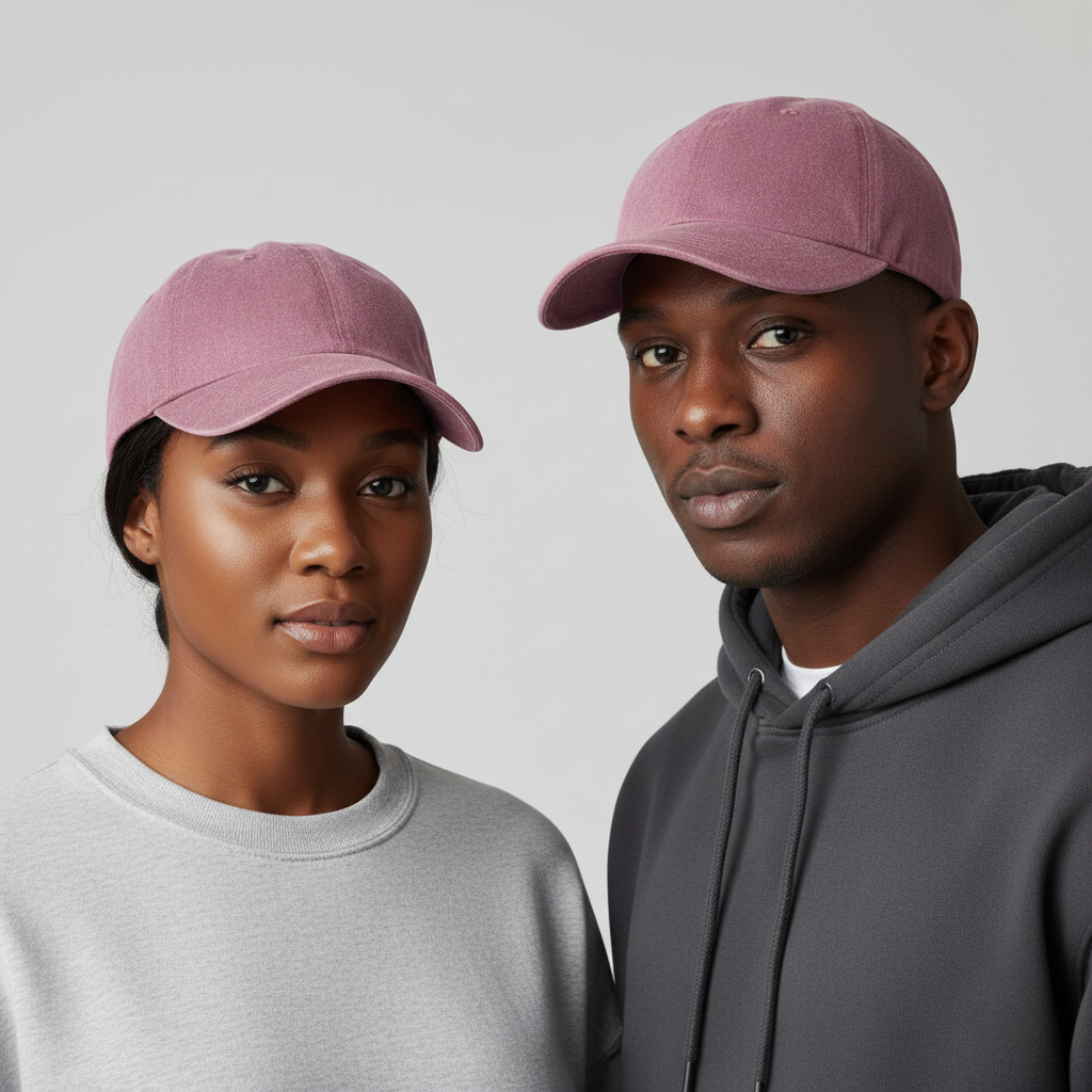 Nigerian male and female models wearing plain acid-washed mauve dusty pink dad cap