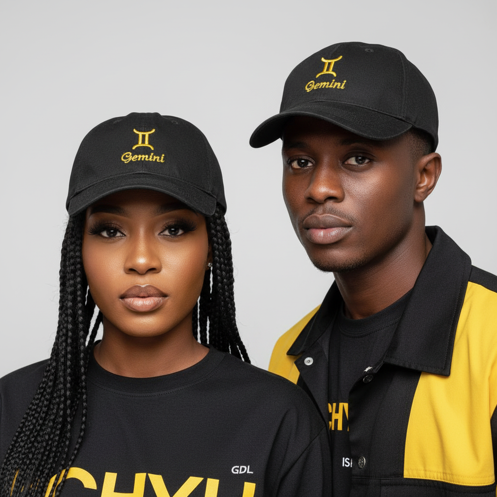 Nigerian male and female models wearing Gemini zodiac black dad cap with yellow embroidery