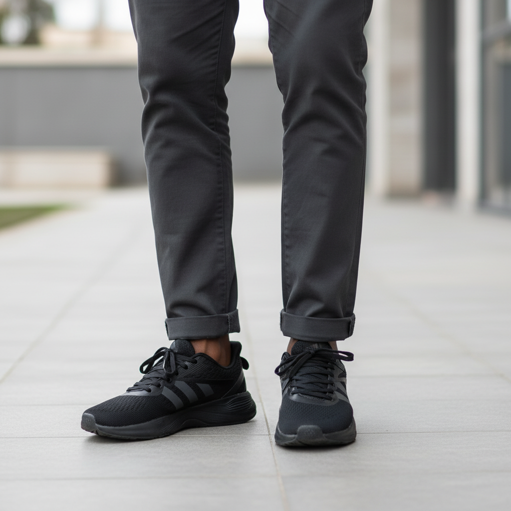 Nigerian male model wearing triple black athletic lace-up runner sneakers, Gen Z street style leg shot