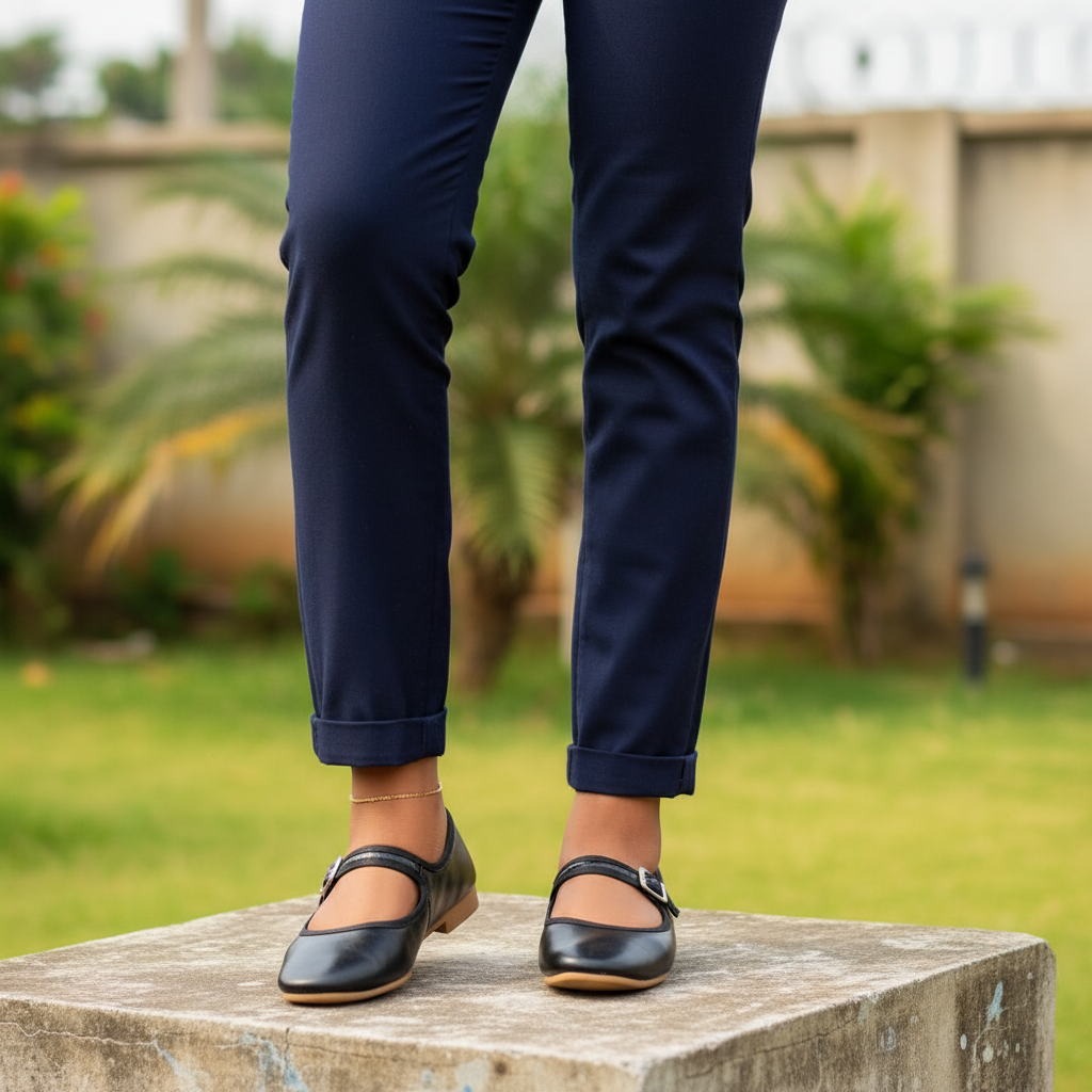 Leg focus shot of Nigerian female model wearing black leather Mary Jane flats with ankle strap and silver buckle