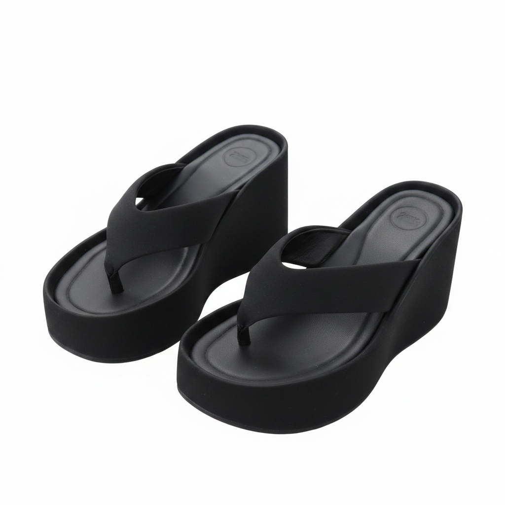 Women's Black Cross-Strap Platform Wedge Slipper - Ghost Mannequin Clean
