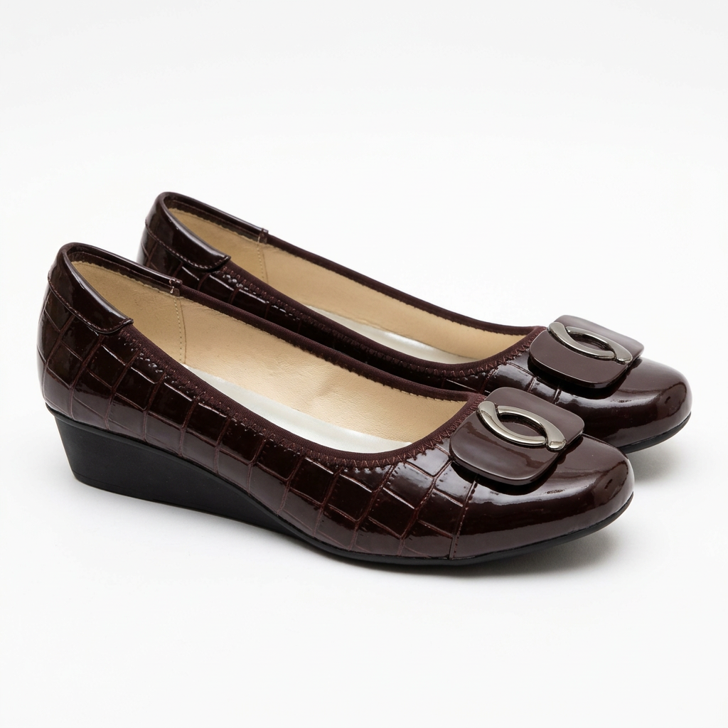 Matching burgundy-brown oval-detail wedge shoes