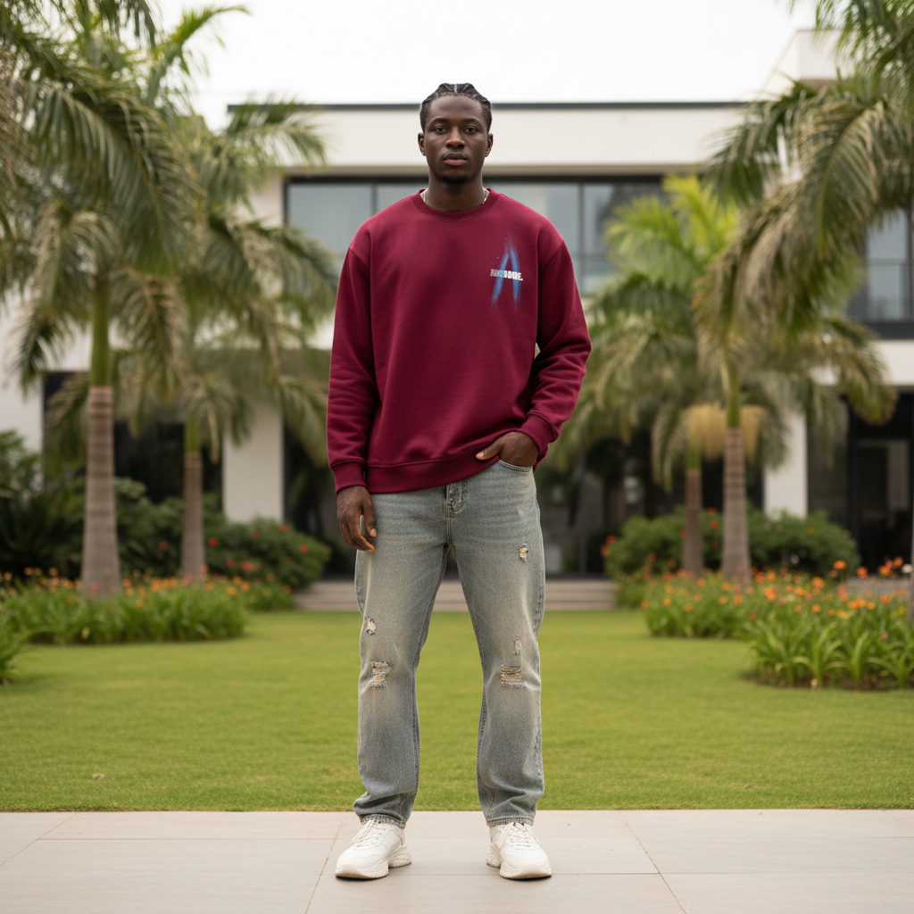 Nigerian male model wearing burgundy sweatshirt with blue spray-paint letter chest graphic – front view