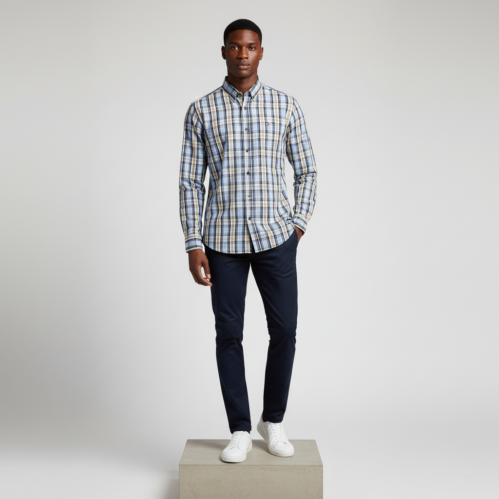 Blue Navy Tan Plaid Long-Sleeved Shirt - Model Shot