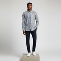 Blue Navy Tan Plaid Long-Sleeved Shirt - Model Shot