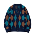 Navy teal and tan diamond-pattern V-neck knit cardigan with four buttons