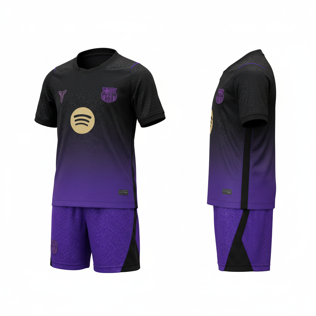 Kids black and purple gradient football jersey and shorts set ghost mannequin front and side view