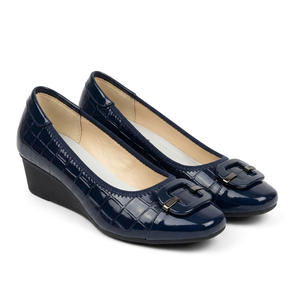 Matching navy tab-detail wedge shoes