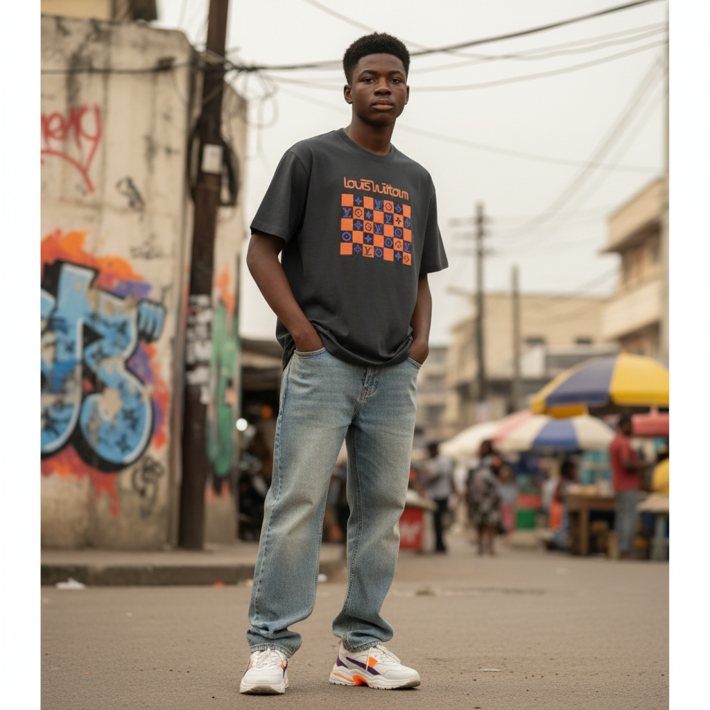 Young Nigerian teen wearing black monogram checkerboard graphic oversized tee