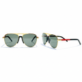 Unisex aviator sunglasses gold double-bridge grey green lens black inner rim red hinge black temple – front and side view
