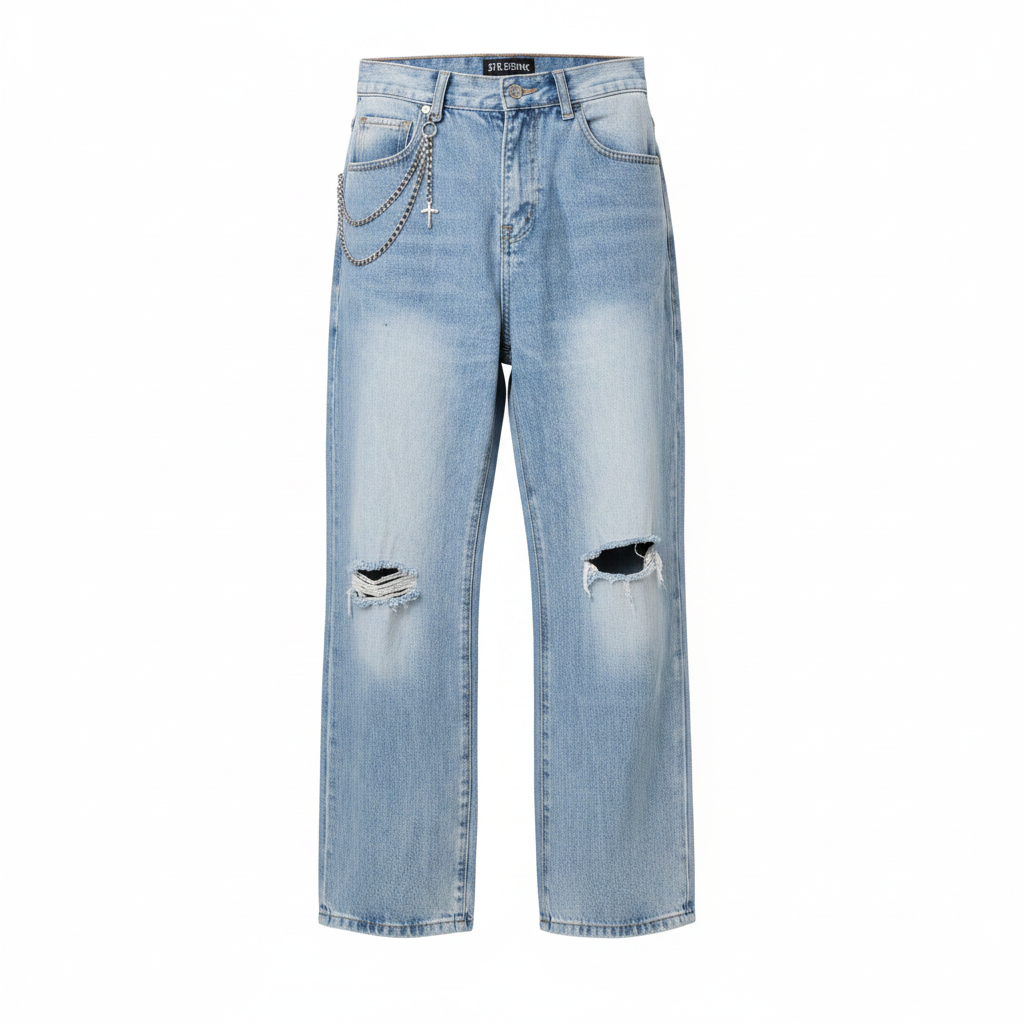 Men's light blue baggy wide-leg ripped knee chain detail denim jeans ghost mannequin front view