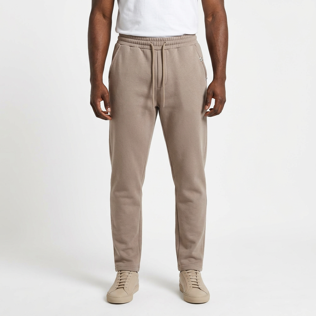 Taupe drawstring trousers styled with a white top and neutral trainers