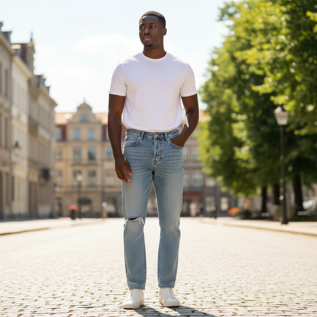 Nigerian model wearing Light Blue Acid-Washed Distressed Straight-Leg DG Monogram Jeans