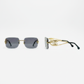 Unisex dark grey smoke lens rimless square sunglasses with gold chain-link temple arms – front and side view