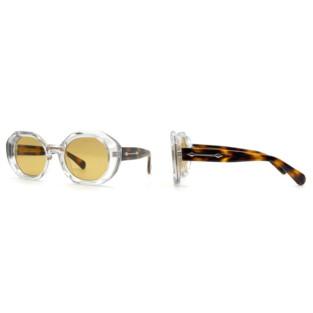 Clear faceted round sunglasses with amber-brown lenses and patterned arms, front and side views