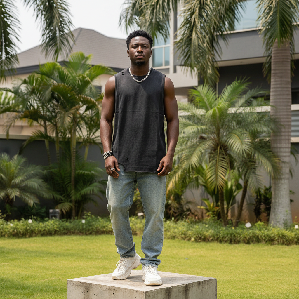 Nigerian male model wearing washed black oversized sleeveless vest – full body lifestyle shot