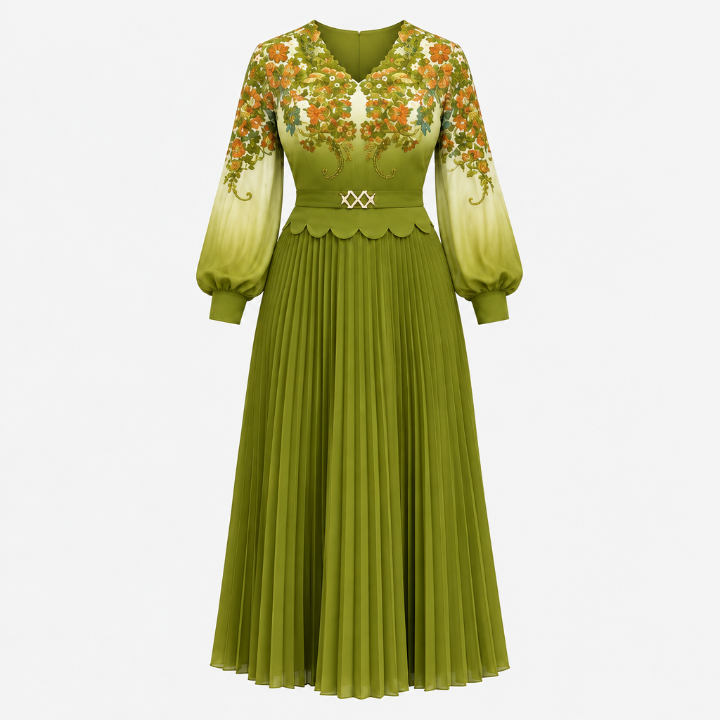Olive green floral pleated dress on invisible mannequin