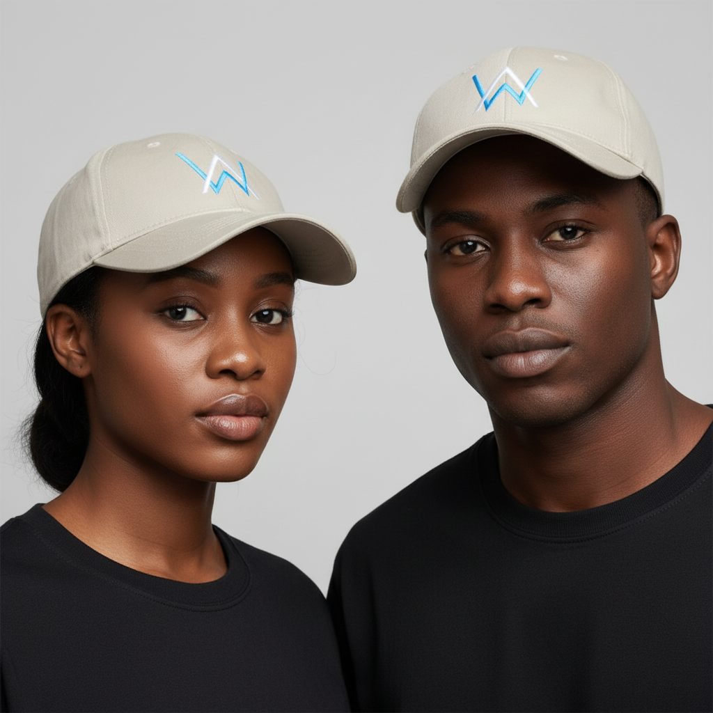 Nigerian female and male models wearing light grey baseball cap with white and blue geometric logo embroidery