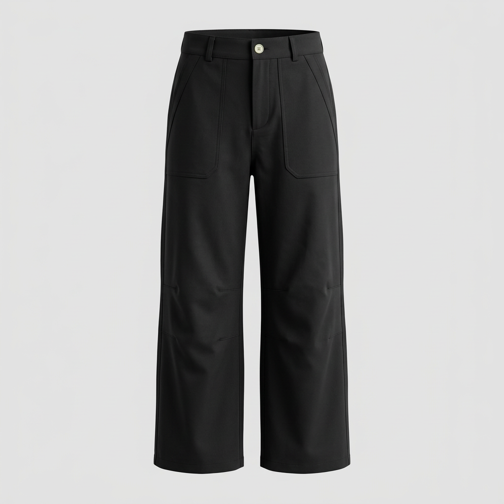 Full-length ghost mannequin view of black patch-pocket trousers