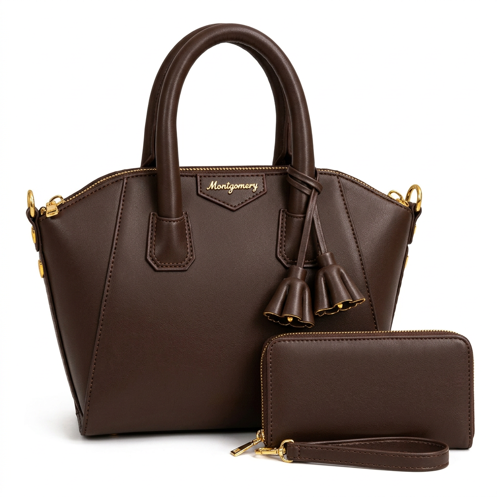 Chocolate-brown bell-charm handbag and matching wristlet on white