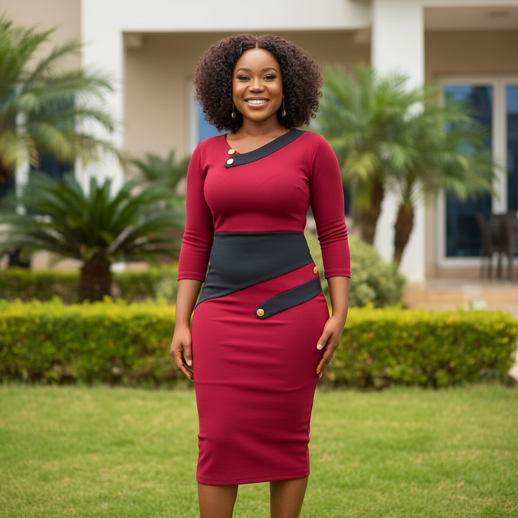 Nigerian female model wearing women's crimson red and grey diagonal colorblock gold button midi dress