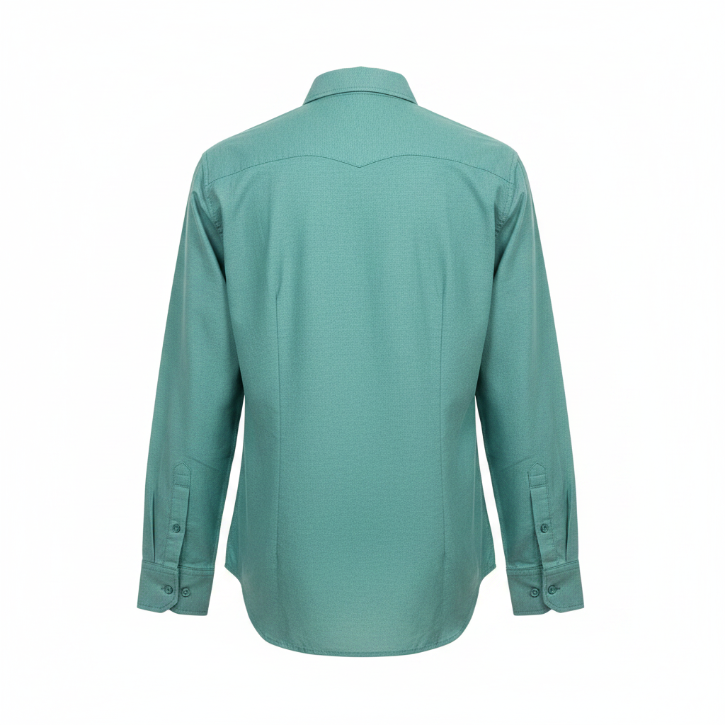 Teal green plain long-sleeved shirt ghost mannequin back view