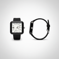 Black square wristwatch with white geometric dial shown from the front and side