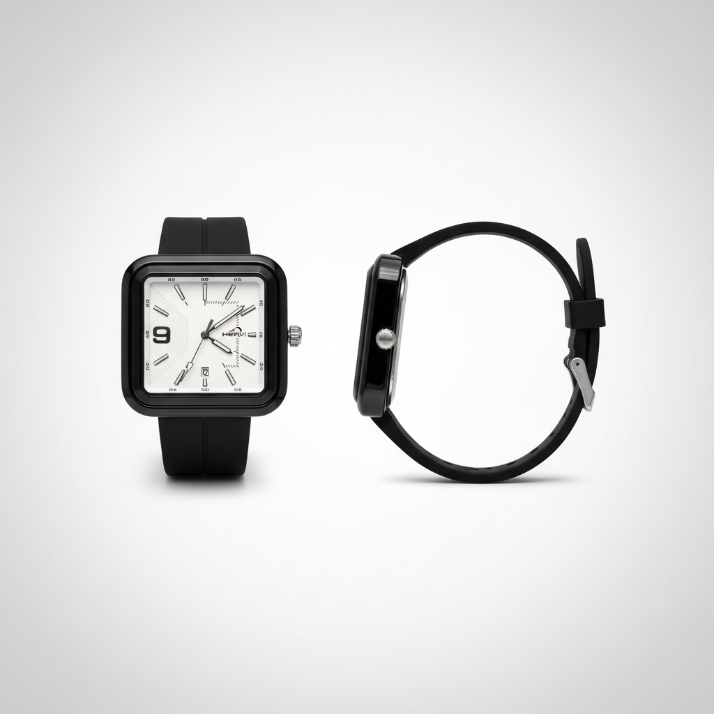 Black square wristwatch with white geometric dial shown from the front and side