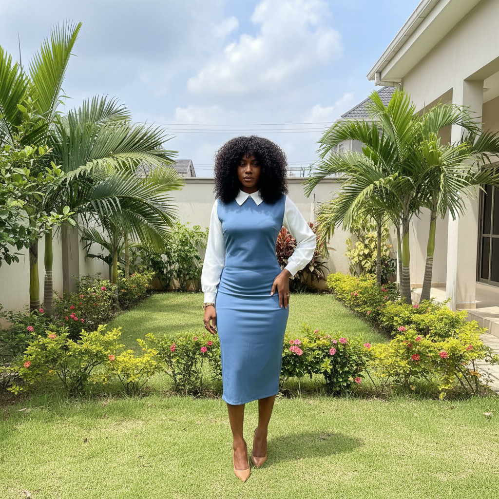 Women's Steel Blue Pinafore Midi Dress & White Shirt Co-ord Set - Nigerian Female Model