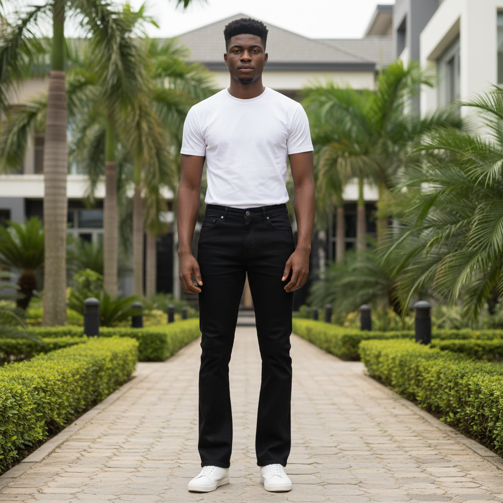 Nigerian male model wearing black flared denim jeans