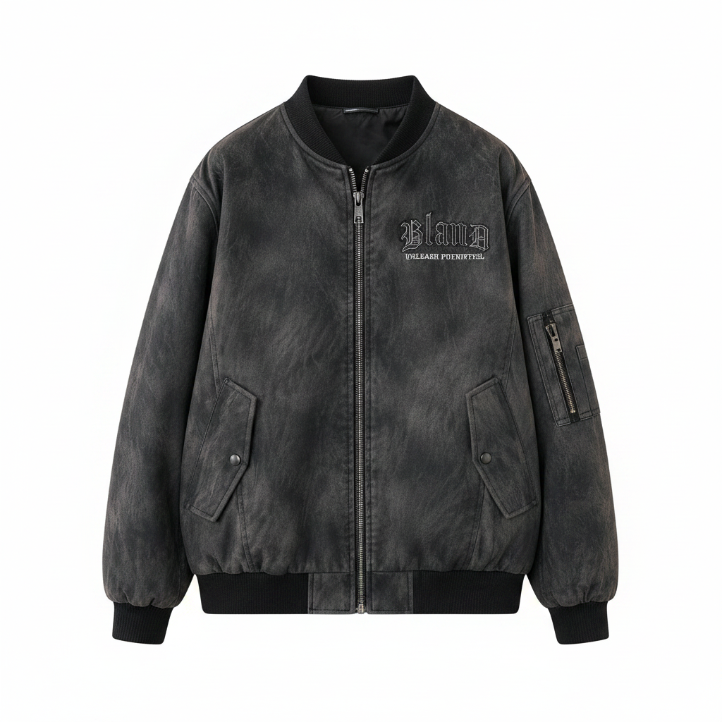 Men's Dark Grey Washed Oversized Bomber Jacket – Ghost Mannequin Front View