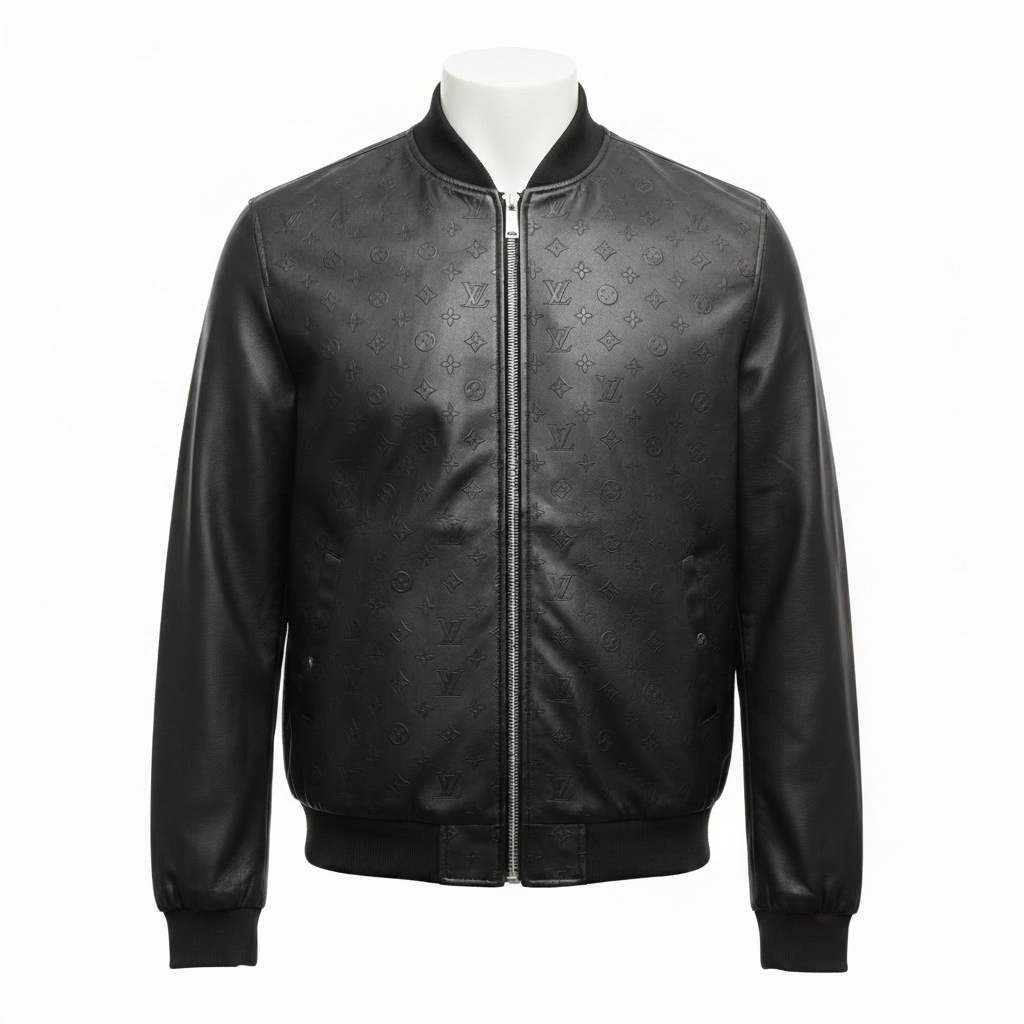 Ghost mannequin all-black embossed monogram leather bomber jacket front view
