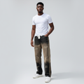 African Gen Z male model wearing men's black gradient washed graphic side-stripe wide-leg denim jeans