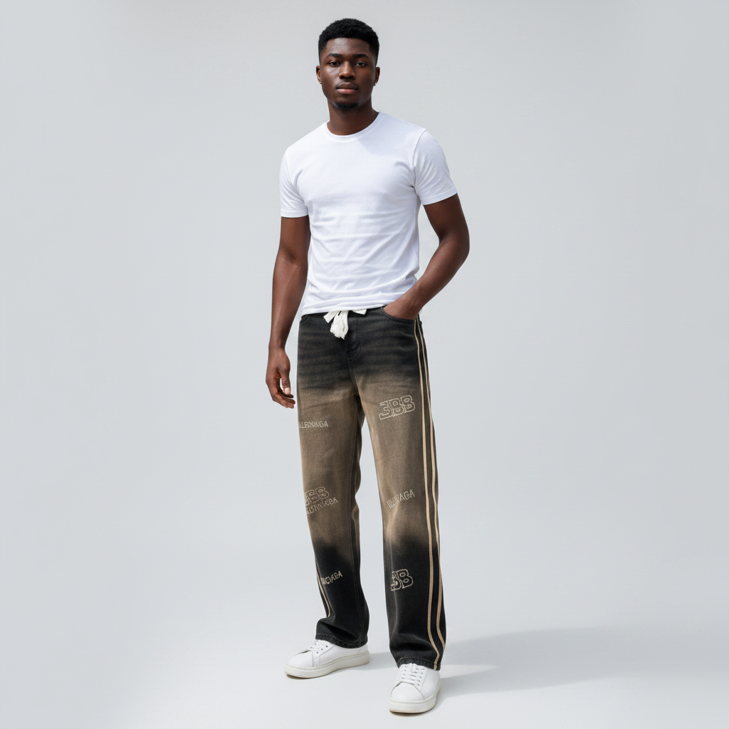 African Gen Z male model wearing men's black gradient washed graphic side-stripe wide-leg denim jeans