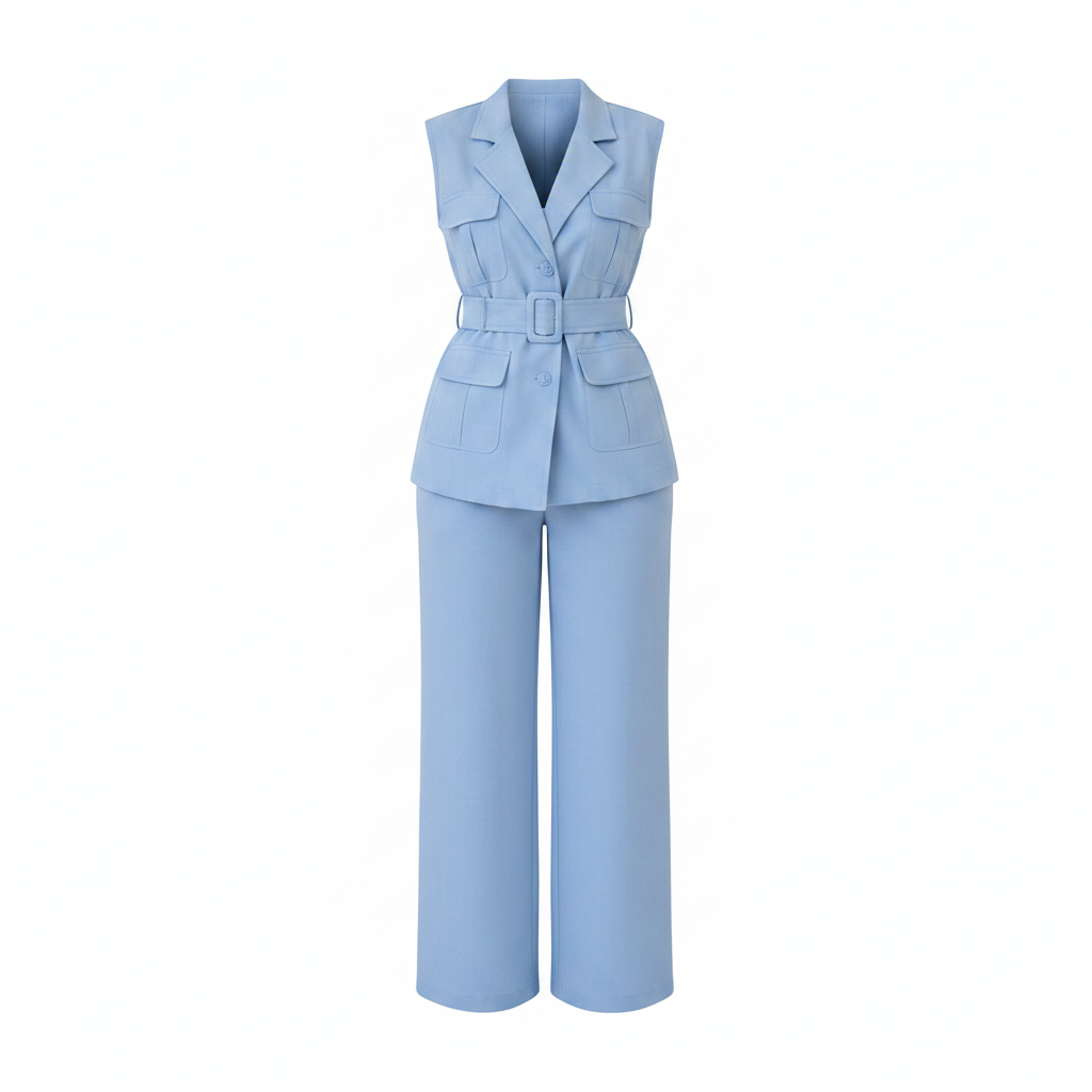 Women's sleeveless belted blazer vest co-ord set in sky blue – ghost mannequin front view