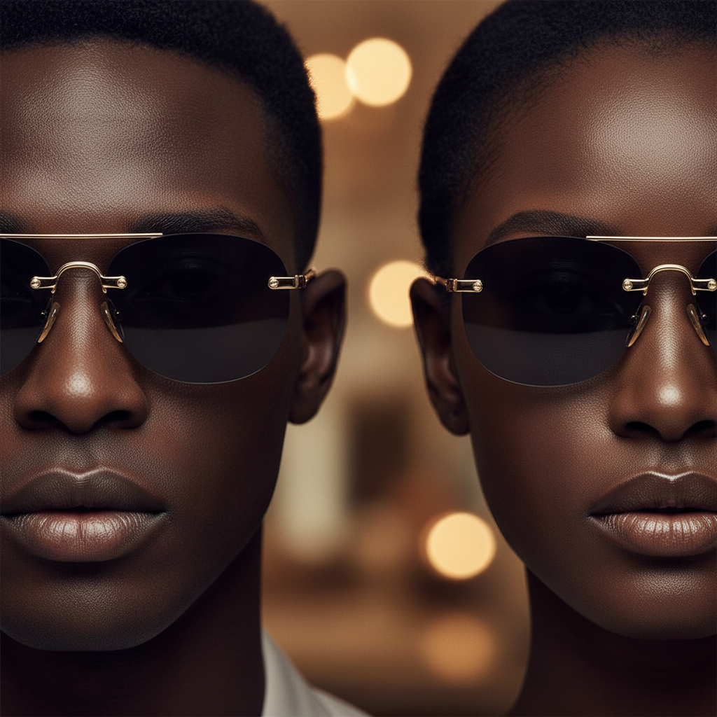 Nigerian male and female models wearing rimless aviator sunglasses solid dark grey charcoal lens slim gold ornate double-bar bridge black acetate tip arms