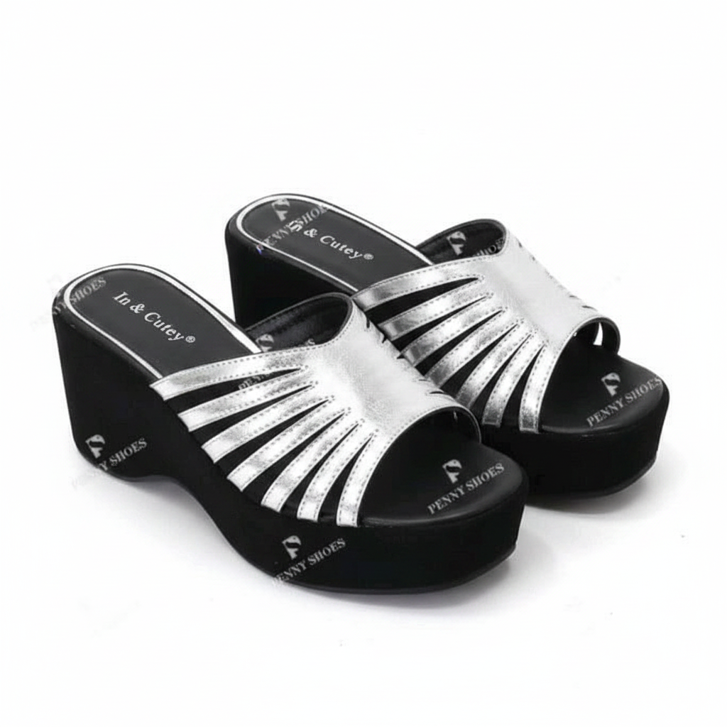 Ghost mannequin pair view of silver metallic fan ray strap chunky platform wedge slide mules