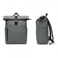 Slate grey roll-top backpack ghost mannequin front and side view