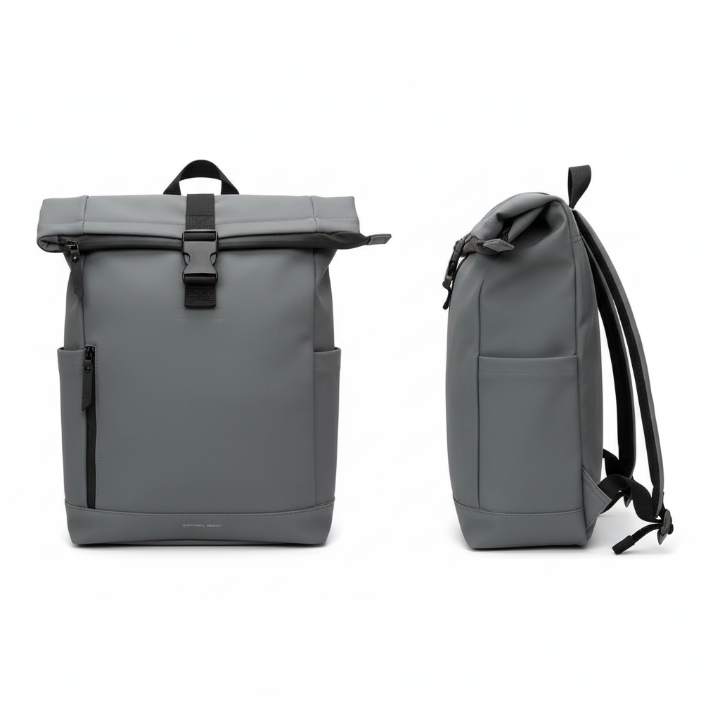 Slate grey roll-top backpack ghost mannequin front and side view